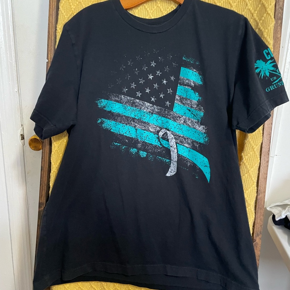 Grunt Style Black Tee with Teal and Gray Flag Graphic